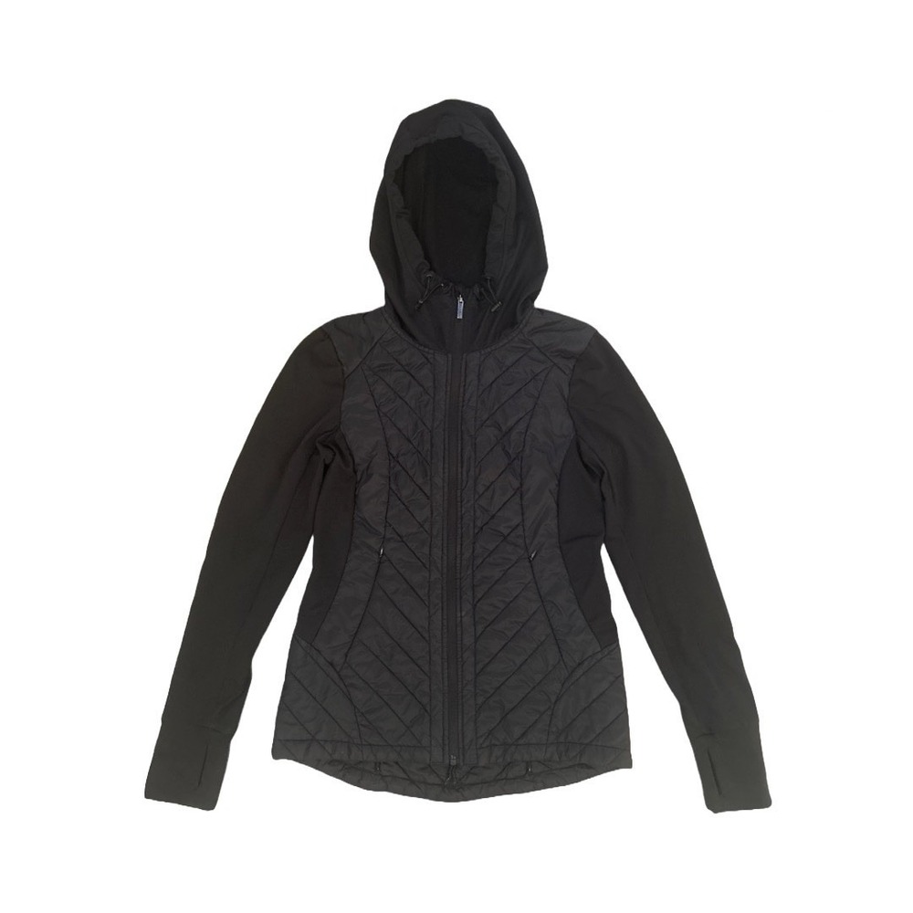 Kyodan Women's Black Puffer Front Full Zip Jacket Size S Stretch Thumbholes Hood